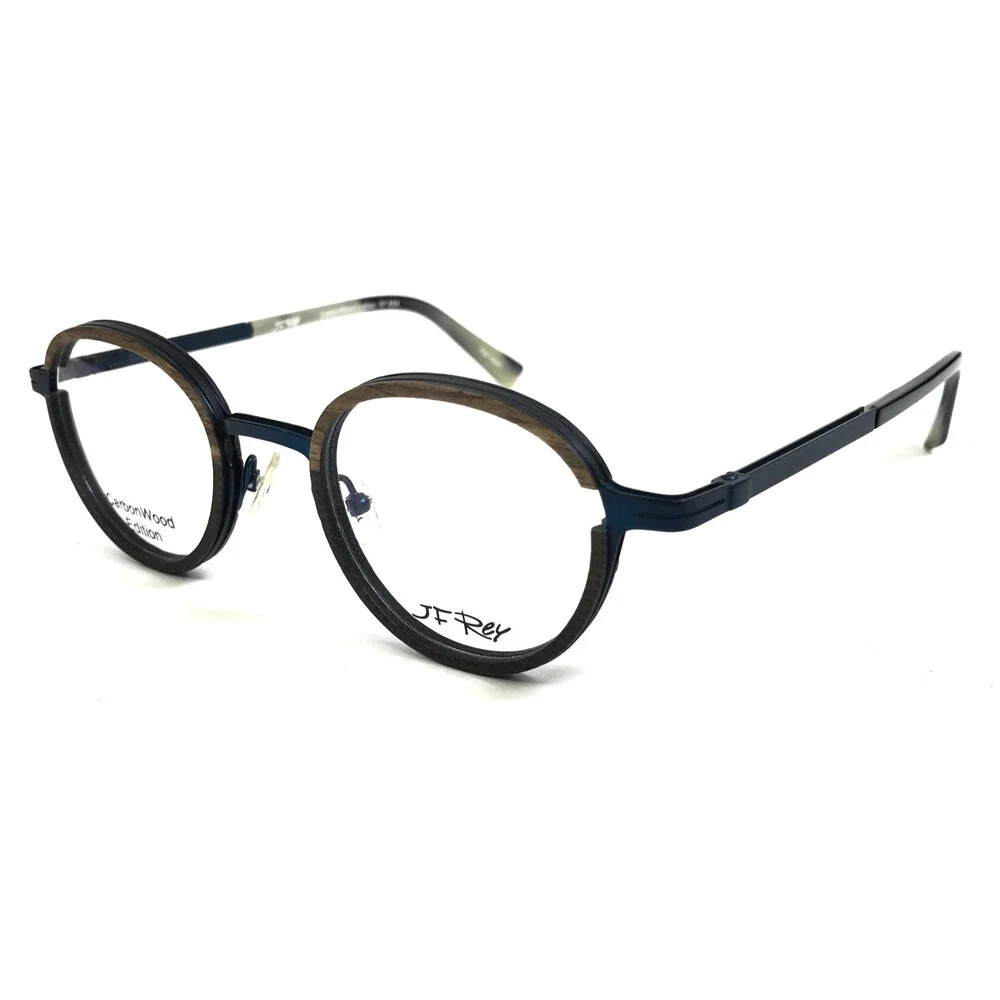 J. F. Rey Eyeglasses Frames JF2980 9520 Brown Wood Navy Blue Round 48-23-144